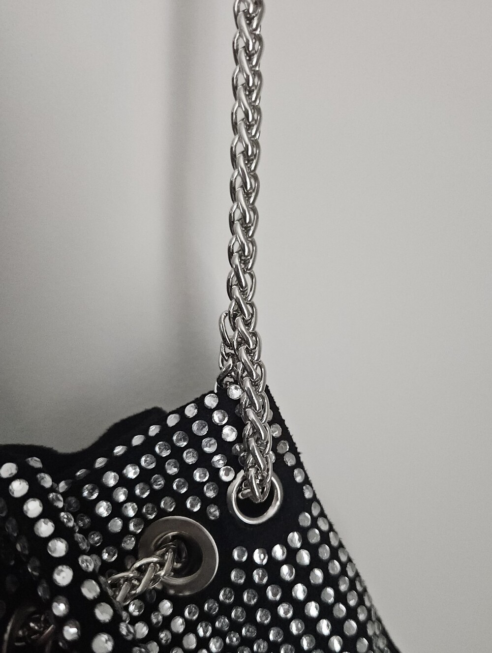 Black Rhinestone Mini Drawstring Bag With Chain - Picture 4 of 7